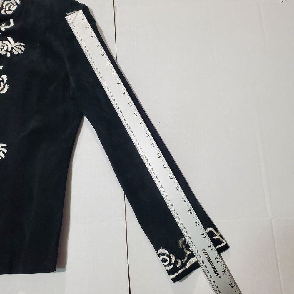 Vintage Suede Leather Black / White Floral Embroidered Zip Jacket , Size 12 - Picture 14 of 16